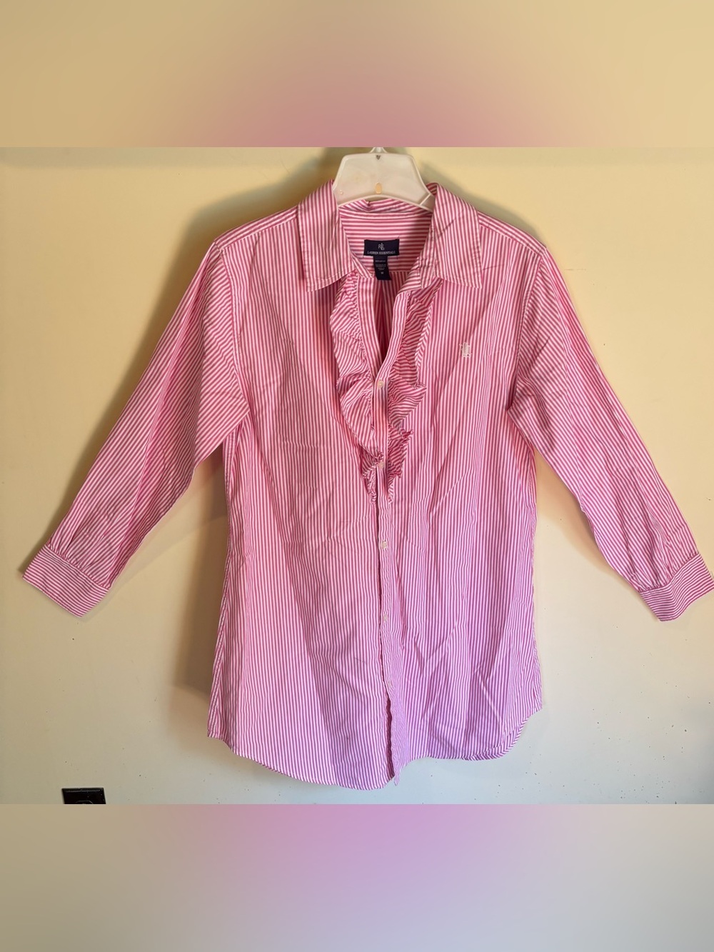 Lauren Ralph Lauren Essentials Pink White Striped Ruffle Front Blouse Shirt M